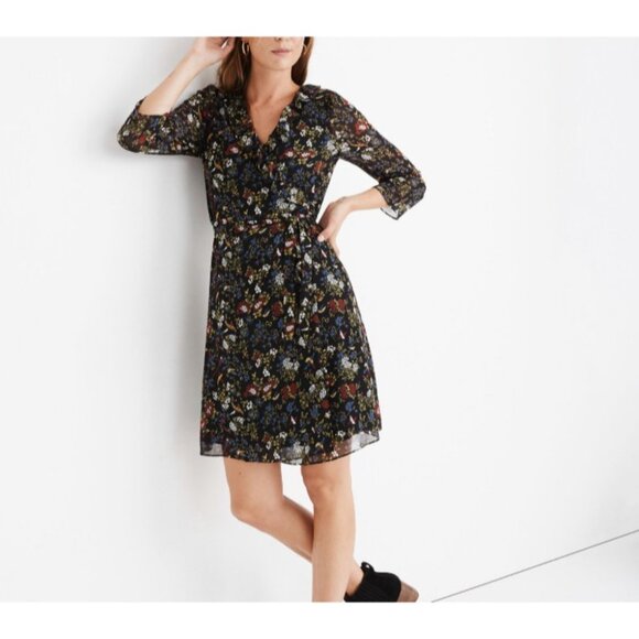 Madewell Ruffled Wrap Dress Size Medium Sheer-Sleeve in Finch Floral - Picture 1 of 16